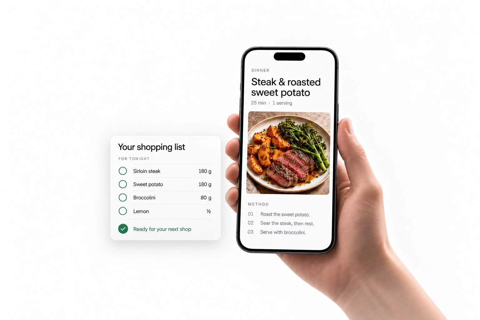 Phone showing a steak and sweet potato recipe with a shopping list.