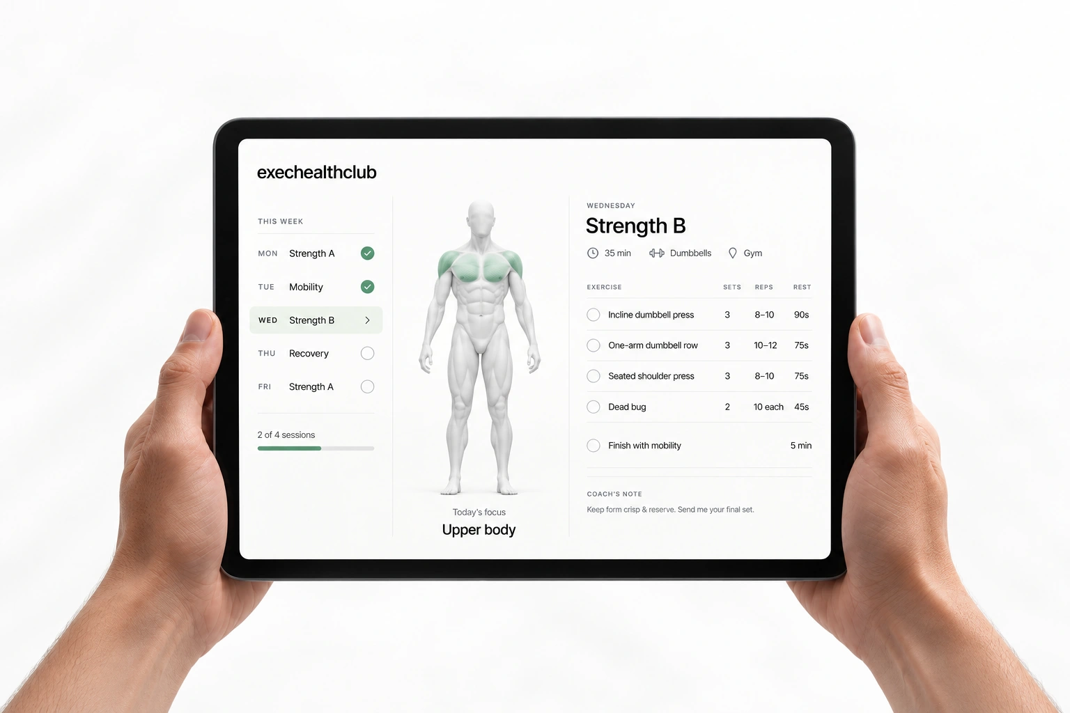 iPad held in two hands showing a training dashboard, weekly schedule and exercise plan.