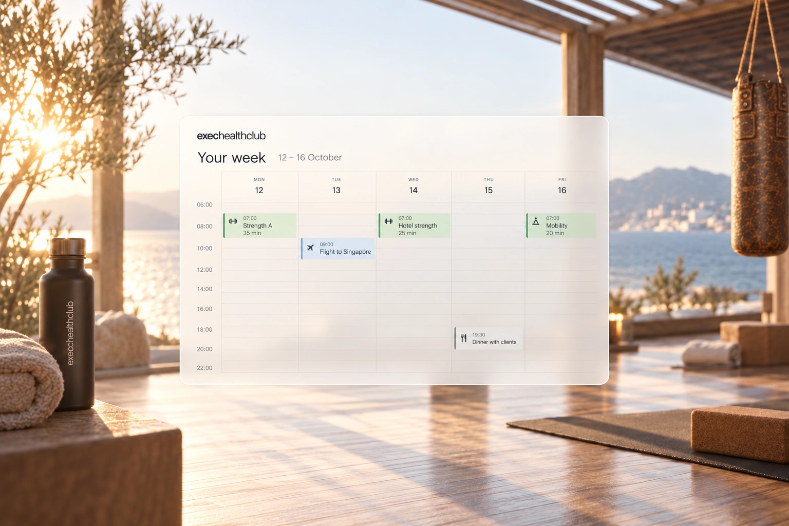 Weekly calendar balancing training, travel, a client dinner and mobility.