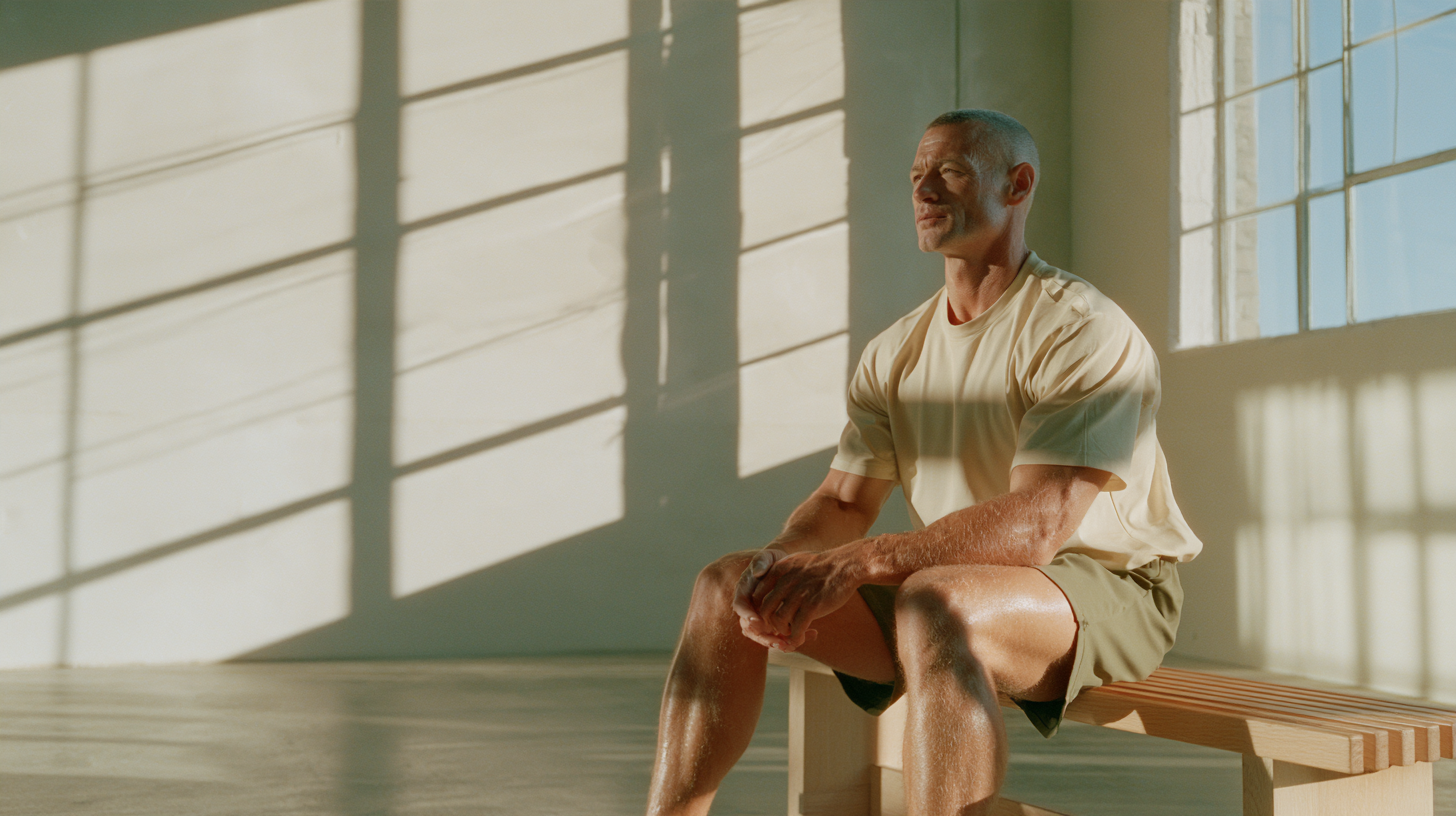 A man seated on a bench in a sunlit room
